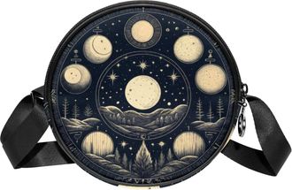 Generic Circle Crossbody Bag for Women, Retro Zodiac Signs Small Sling Bag Daypack with Zipper Adjustable Shoulder Straps Casual Ladies Girls Round Purse