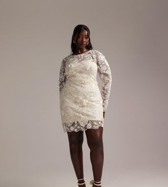 Asos Curve ASOS DESIGN Curve - Vestito da sposa corto color crema a maniche lunghe con ricamo-Bianco