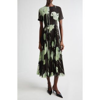Jason Wu Watercolor Floral Pleated Chiffon A-Line Dress in Black /Light Jade at Nordstrom, Size 10