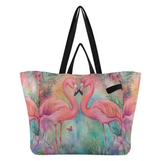 Generic Flamingo Plants Pink print Reusable Canvas Tote Bag, Heavy Duty Grocery Shopping Bag with Large Capacity Hard Bottom Double Handles Work Groceries Tra