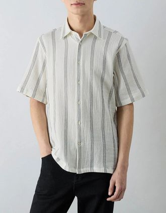 Oliver Sweeney Mens Oliver Sweeney Somerton Mens Striped Linen Shirt - Charcoal Stripe - White - Size: 42/Regular