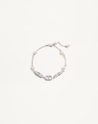 Valentino Garavani Ovalette Bracelet in Metal, Pearls and Swarovski Crystals Woman RHODIUM M