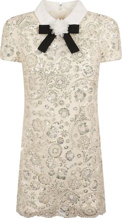 Self Portrait Cream Sequin Embellished Mini Dress With Point Collar