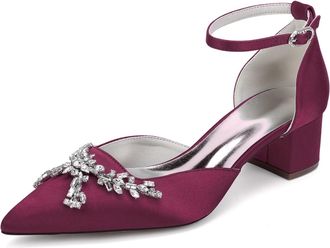 Generic Womens Shoes Evening Low Heel Bridal Wedding Pumps Satin Prom Party Dress Chunky Heels Pumps 4.5Cm,Burgundy,10 UK