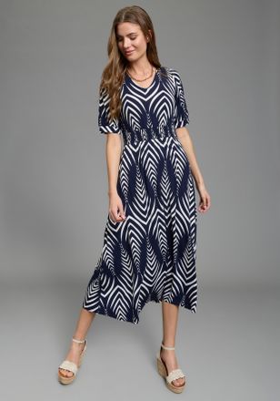 Laura Scott Midikleid LAURA SCOTT, Damen, Gr. 34, N-Gr, marine, gemustert, Jersey, Obermaterial: 95% Viskose, 5% Elasthan, gemustert, figurumspielend Midi, V-Auss