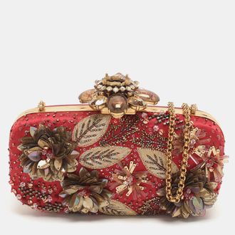 Oscar De La Renta Oscar De La Renta Metal Frame Embellished Red Satin Clutch