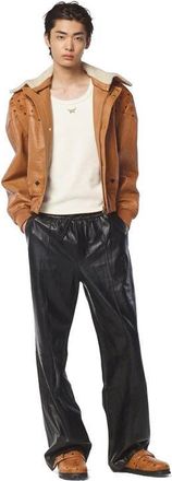 MCM Shearling Bomber Jacket in Visetos Leather Mix in Cognac at Nordstrom, Size X-Large It