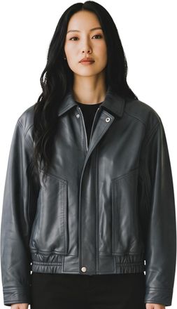 Infinity Leather Womens Navy Leather Biker Blouson Bomber Oversized Jacket - Sibiu
