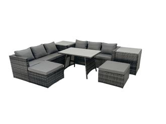 Fimous Rattan Dining Table Sofa Set with 2 Side Tables Big Footstools Outdoor in Dark Grey