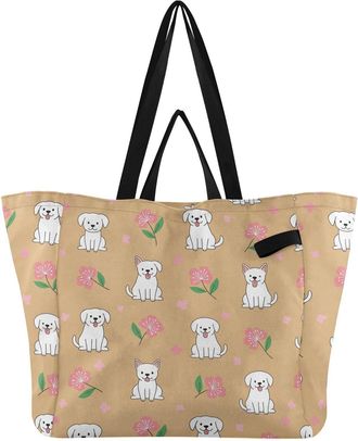 Generic Cute Animals Dogs Beige pattern Reusable Canvas Tote Bag, Heavy Duty Grocery Shopping Bag with Double Handles Large Capacity Hard Bottom Work Grocerie
