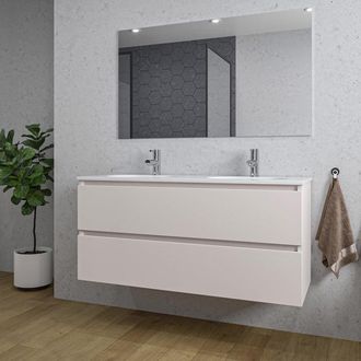 Saniclass Chaci Badkamermeubelset - 120x46x55cm - keramische wastafel wit - 2 ovale wasbakken - 2 kraangaten - 2 lades - rechthoekige spiegel - mat cotton (beig