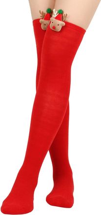 Generic Christmas Thigh High Socks Women Striped Knee High Winter Warm Stockings with Reindeer Casual Striped Knee Thigh for Daily Wear, Cosplay, Carnival, Ma