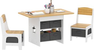 OEM Mesa Infantil Con 2 Sillas Con 6 Cajones De Tela Dise&ntilde;o Estrellas Para Ni&ntilde;os Y Ni&ntilde;as De 3-8 A&ntilde;os Natural