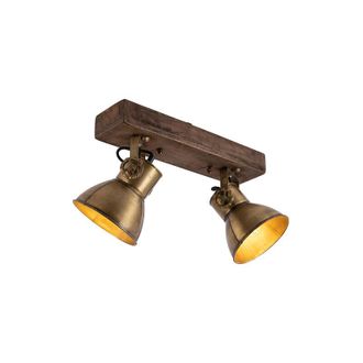 QAZQA Qazqa - Industrial Plaf&oacute;n Bronce 2-luces Con Madera - Mangoes Acero / Alargada Adecuado Para Led Max. 2 X 25 Watt