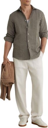 Reiss Dupree Stripe Cotton Blend Seersucker Button-Up Shirt in Vintage Green at Nordstrom, Size Xx-Large