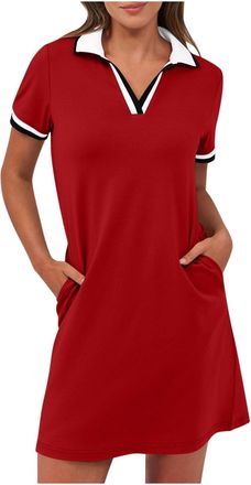 Generic Womens Contrast Collar Polo Dress Short Sleeve V-Neck Tennis Dresses with Pockets Casual Mini Shirt Dress for Summer & Sports Wear
