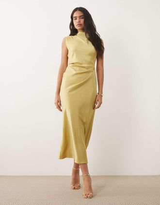 Asos Vestito midi in raso verde chiaro accollato con corpino a pieghe