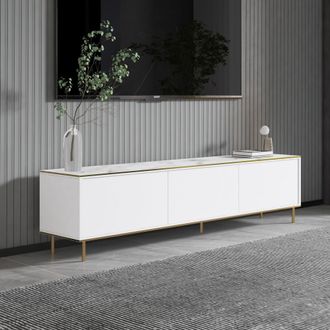 Dmora Mueble Para Tv Sassello, 3 Puertas, Con Acabados Dorados, 3 Compartimentos, 180x35x45h Cm Blanco