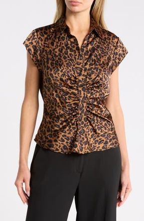 Daniel Rainn Ruched Satin Button-Front Cap Sleeve Blouse in N394 Brown at Nordstrom Rack, Size X-Large