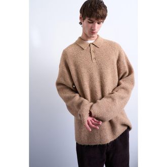 Topman Oversize Rib Polo Sweater in Stone at Nordstrom, Size Medium