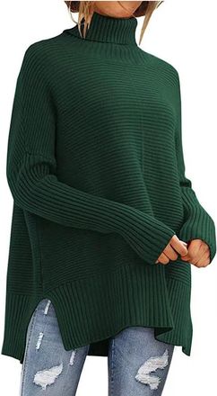 Generic Turtle Neck Tops for Women Turtleneck Oversized Sweater Long Sleeve Ribbed Knit Pullover Cozy Cashmere Jumpers Ladies Chunky Batwing Split Hem Tunic L