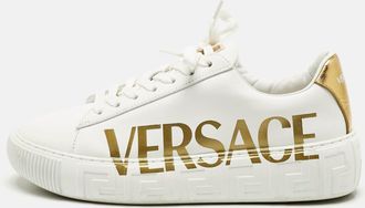 Versace White/gold Leather La Greca Lace Up Sneakers