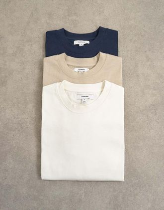 Topman confezione da 3 T-shirt relaxed fit in ecru, navy e stone-Multicolore