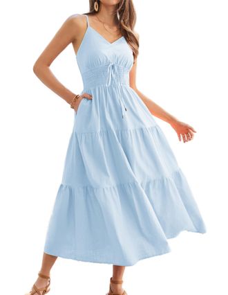 Grace Karin Women Casual Maxi Dress Spaghetti Straps V-Neck Cotton Dress Elastic Waist A-Line Dress Light Blue XXL