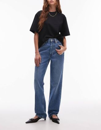 Topshop Kort high rise straight jean in mid blue