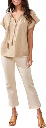 Tribal Cotton Slub Split Neck Tassel Top In Beach