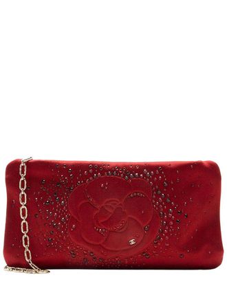Chanel Satin Crystal Embellished Camellia Clutch On Chain (Authentic Pre- Loved)
