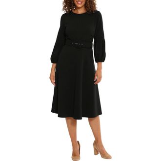London Times Pleated Sleeve Belted Fit & Flare Dress in Black at Nordstrom Rack, Size 10