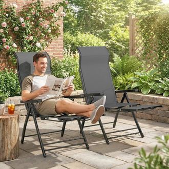 OUTSUNNY Folding Reclining Garden Chairs Set of 2 with Footrest in Dark Grey | Size: 120