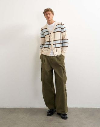Topman cardigan in maglia trasparente vestibilit&agrave; classica con motivo a quadri ecru-Bianco