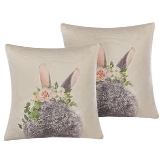Beliani Beliani - Conjunto De 2 Cojines Decorativos Cuadrados De Algod&oacute;n Gris Pardo Con Estampado 45 X 45 Cm Conejo De Pascua Fatsia