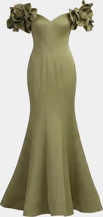 Mac Duggal Embellished Satin Off-Shoulder Trumpet Gown