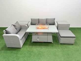 Fimous 6 Seater PE Rattan Wicker Garden Furniture Patio Conservatory Sofa Set w/ Firepit Dining Table 3 Seater Sofa Love Sofa Big Footstool 2 Side
