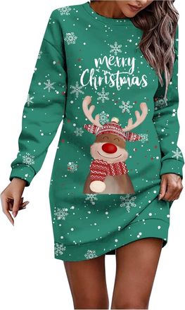 Generic Christmas Dresses for Women UK Elegant Women Christmas Sweatshirt Dress Snowflakes Reindeer Heads Merry Print Long Sleeve Hooded Womens Long Dresses K
