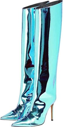 Generic Women High Heel Patent Leather Knee-High Boots Pointed Toe Reflective Design Boots