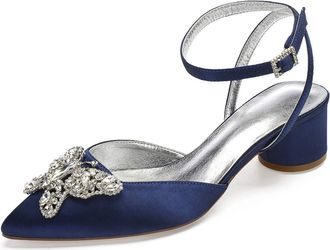 Generic Wedding Shoes Womens Bridal Pointed Toe Chunky Block Heel Ankle Strap Low Heels Slingback Heeled Sandals 4.5Cm,Dark Blue,4 UK