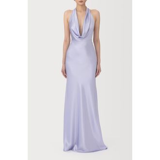 Sau Lee Pearl Cowl Halter Neck Satin Gown in Dusty Lavender at Nordstrom, Size 12