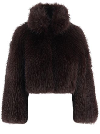 Pinko Cropped Brown Faux Fur Jacket With High Collar