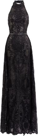 Saiid Kobeisy Floor-Length Embroidered Lace Dress With Halter Neckline And A-Line Overskirt