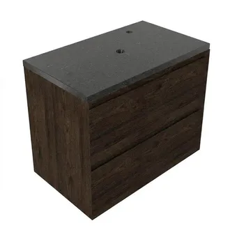 Saniclass Holz Pure Badkamermeubelset - 80x45x63cm - Noche basalten wastafelblad gepolijst (zwart) - 1 kraangat - 2 lades - mat eiken charcoal (hout)