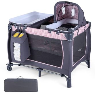 Costway Costway Foldable Pack &Play Portable Baby Playard w/Rocking Bassinet&Music Box in Pink