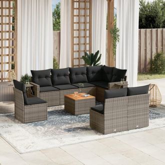 vidaXL Set De Muebles De Jard&iacute;n 9 Pzas Y Cojines Rat&aacute;n Sint&eacute;tico Gris Vidaxl
