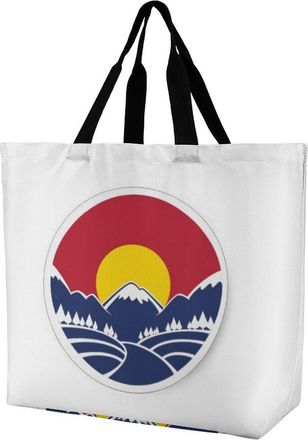 Generic Mountain Sunset Colorado Flag Reusable Shopping Bags One Shoulder Grocery Tote Bag Waterproof Big Purse for Work Travel