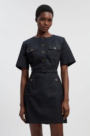 Karen Millen Womens Petite Tailored Denim Belted Mini Dress - Indigo Blue Cotton - Size 14 UK