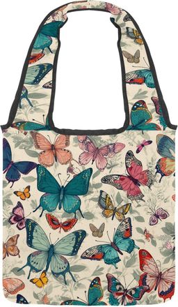 Generic Cute Butterfly Pattern Reversible Canvas Shoulder Tote - Double-Sided Print, 12oz Cotton, 27cm Drop, Fold-Flat Bag for Travel, Shopping, Street Outing