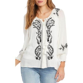 Karen Kane Embroidered Tie Neck Button-Up Peasant Top in White at Nordstrom, Size X-Large